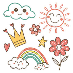 Hand drawn crayon child pencil style icon set. Cute rainbow, heart, crown, flower and sun in colorful kid doodle style. Chalk texture, cloud, smile, star and sketch figure for play or school design