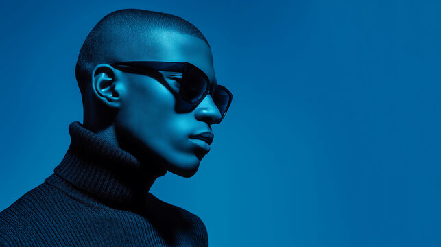 Stylish young man in turtleneck and sunglasses poses against neon blue background, exuding futuristic elegance and bold fashion