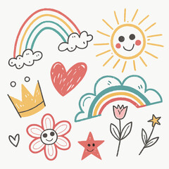 Naklejka premium Hand drawn crayon child pencil style icon set. Cute rainbow, heart, crown, flower and sun in colorful kid doodle style. Chalk texture, cloud, smile, star and sketch figure for play or school design