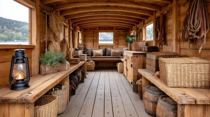 Interior of wooden ship cabin showing rustic charm and nautical decor
