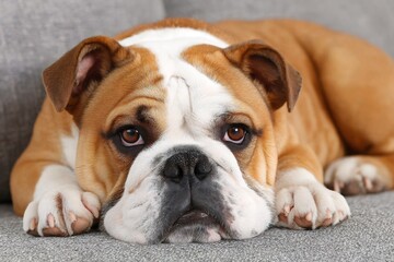 Fototapeta premium Adorable english bulldog relaxing on comfortable sofa