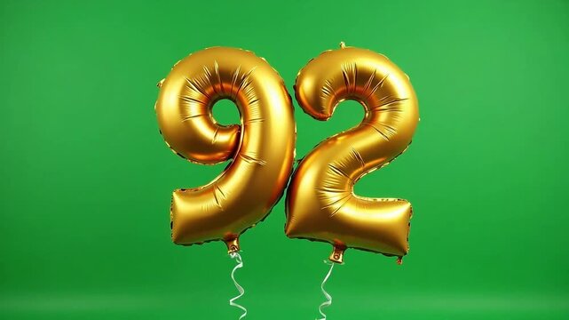 Golden ninety-two balloon figures float elegantly against a solid green backdrop, perfect for festive birthday celebrations or milestone anniversary events.