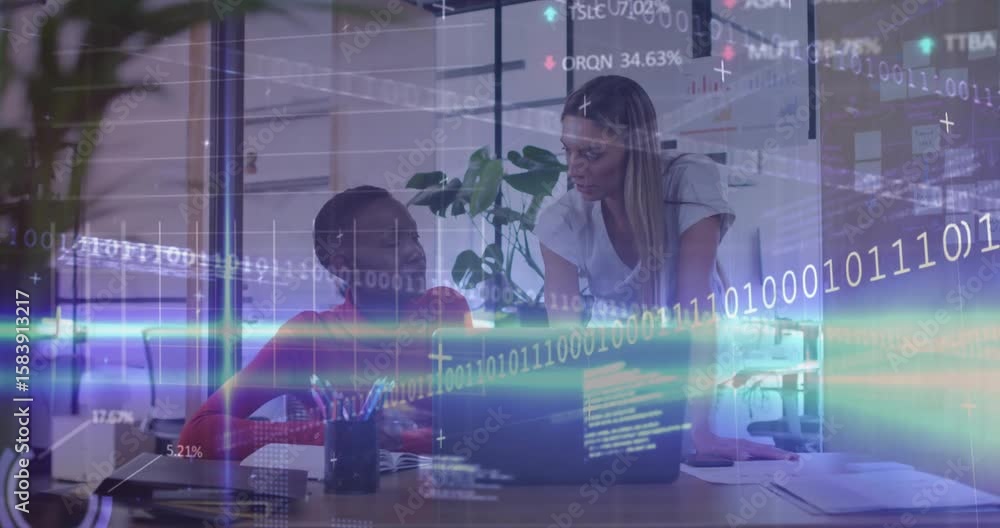 Poster Typing on laptop triggers colleagues analyzing business data with animated graph overlays