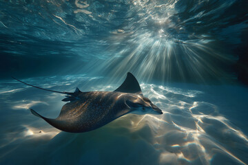 Graceful stingray gliding gracefully over tranquil white sand at ocean floor