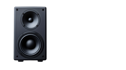 A sleek black speaker with two drivers, designed for high-quality audio output, featuring a textured finish and a minimalist, modern look.