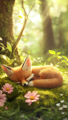 A cute little fox is sleeping on a mossy rock next to some pink flowers