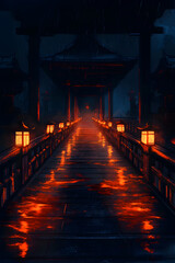 A dark, rainy night with a long, narrow walkway lit by lanterns