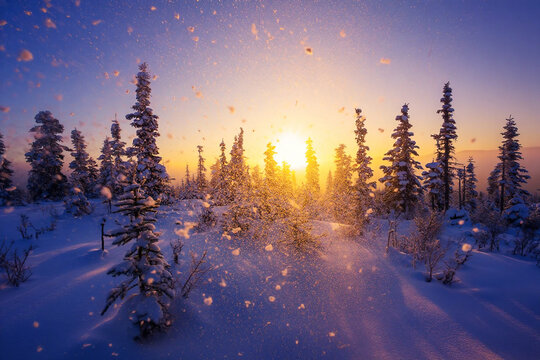 Snowy forest landscape at sunrise with falling snow trees winter - Powered by Adobe