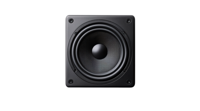 A close-up image of a black square speaker with a visible cone and surrounding components.