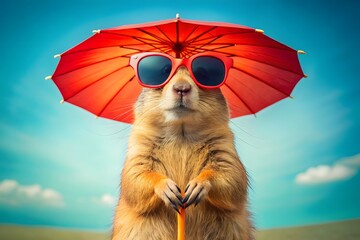 Prairie Dog Wearing Sunglasses and Holding a Red Umbrella