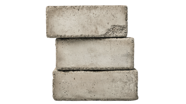 Three stacked gray concrete bricks showing rough texture and minor cracks.