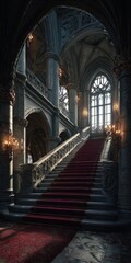 Fototapeta premium Majestic Gothic Castle Stairs Adorned with Red Carpet, Showcasing Intricate Architectural Details