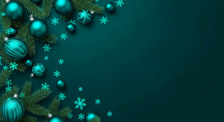 Christmas decorations with teal ornaments and snowflakes on dark background