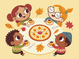 A group of diverse children gather around a table with pie and tea during autumn, in a cute cartoon illustration