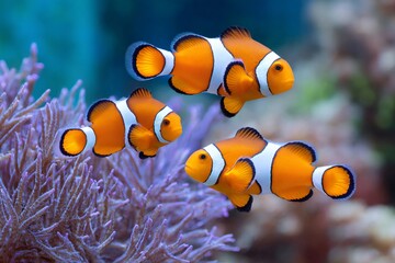 Clownfish swimming near purple coral reef in aquarium