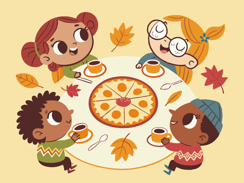 A group of diverse children gather around a table with pie and tea during autumn, in a cute cartoon illustration