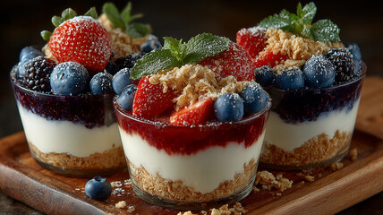 Delicious berry and Greek yogurt parfait layered with granola and fresh fruit