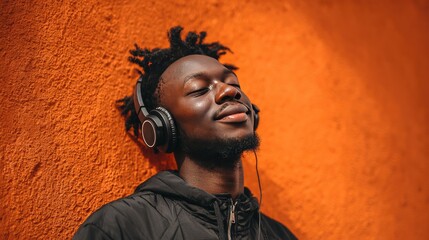 Image of Asian black man listening to music through headphones, enjoying his favorite song. Young man, male character wearing headphones, humming his favorite movie soundtrack.