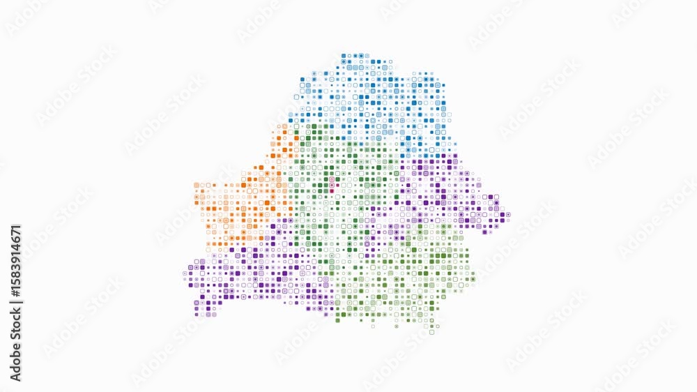 Poster belarus dotted animation. shape of the country build of pulsating colored dots. small size rounded s
