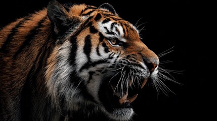 Fototapeta premium Intense Portrait of a Roaring Tiger: Fierce Black Stripes and Captivating Eyes