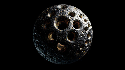 Corroded floating sphere with irregular holes suspended in black field