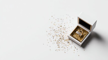 White ring box with gold glitter