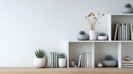 White shelving unit with plants and books
