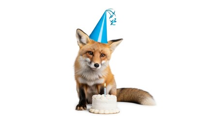 Obraz premium fox wearing a birthday hat with a birthday cake, party celebration image, white background
