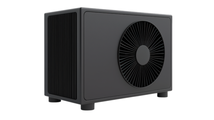 A modern, black, rectangular air conditioning unit featuring a large circular fan grill on one side and vertical vents on the adjacent side.