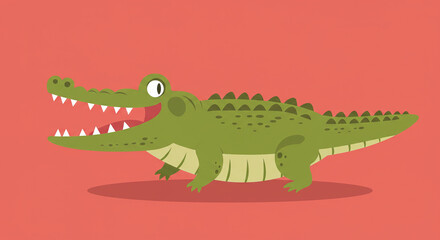 Fototapeta premium Playful Green Crocodile Illustration: Vibrant Coral Background Flat Design.