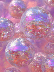 Sparkling silver disco balls radiate joy in a vibrant celebration atmosphere