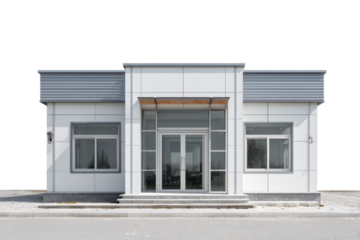 Front view of a single small office building isolate cutout on transparent background