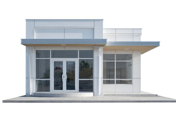 Front view of a single small office building isolate cutout on transparent background