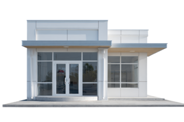 Front view of a single small office building isolate cutout on transparent background