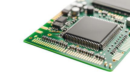 Close-up of a microchip on a green printed circuit board with intricate electronic components and gold connectors.