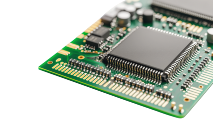 Close-up of a microchip on a green printed circuit board with intricate electronic components and gold connectors.