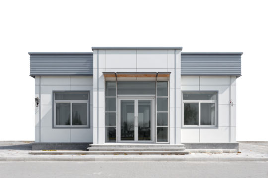 Front view of a single small office building isolate cutout on transparent background
