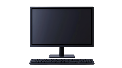 A modern desktop computer setup featuring a widescreen monitor and a full-sized keyboard with a numeric keypad.