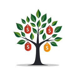 Obraz premium Tree with dollar tags and leaves on a white background 