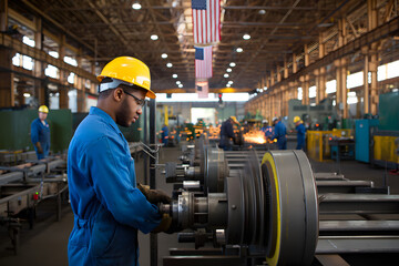 Factory worker operating forklift in industrial warehouse setting
