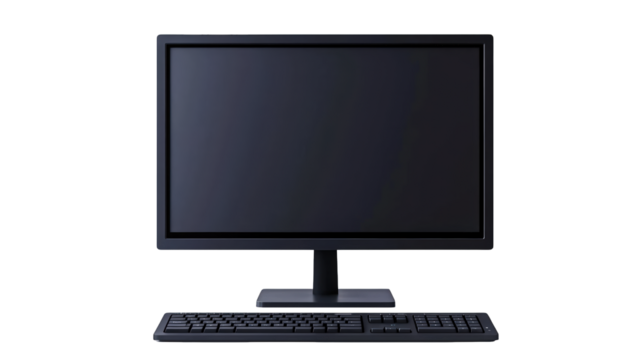 A modern desktop computer setup featuring a widescreen monitor and a full-sized keyboard with a numeric keypad.
