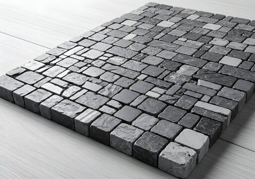 Geometric Stone Tile Texture in Grayscale Detailed Pavement Design, Grey Brick Pattern, Cobblestone Structure, Square Mosaic.