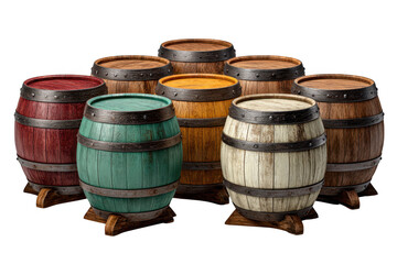 Obraz premium Collection of rustic wooden barrels in various colors on a black background