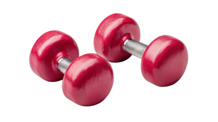 A pair of red dumbbells with metal handles designed for weight training and fitness exercises.