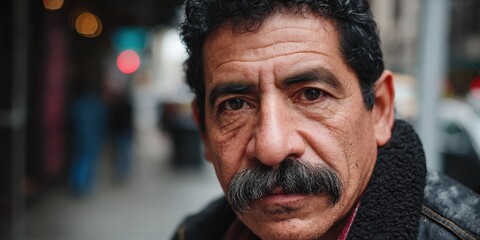 Fototapeta premium Portrait of a Hispanic Latino Man in Urban Setting, Capturing the Essence of Life in the City