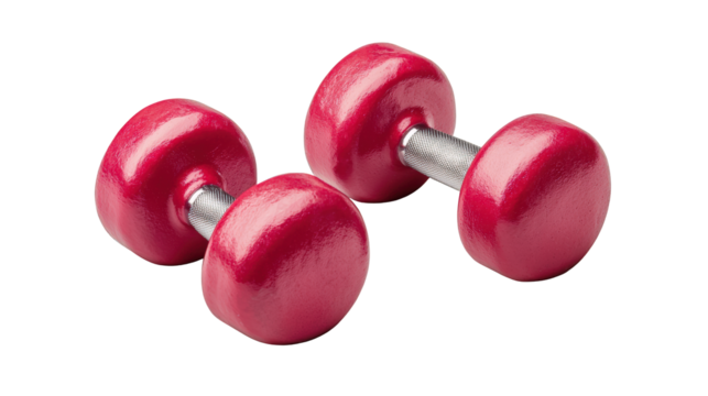 A pair of red dumbbells with metal handles designed for weight training and fitness exercises.