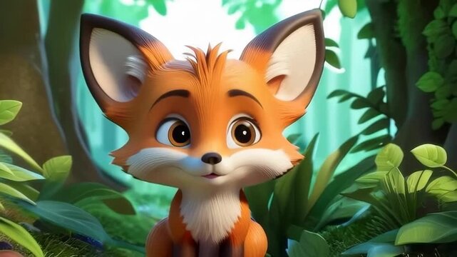 A cartoon fox is standing in front of a tree. The fox is smiling and he is happy