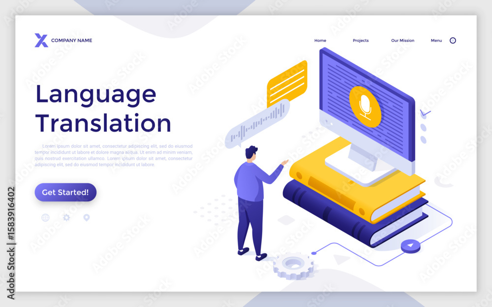 Poster man communicating with foreign friends via computer app. language translation landing page isometric