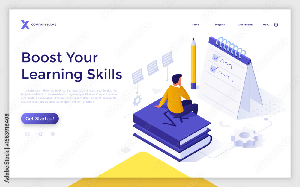 Poster thinking male student sitting on books stack near notepad. learning skills boosting landing page iso