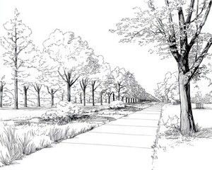 Continuous Line Illustration of a Scenic Park with Tree-lined Pathways in a Tranquil Landscape